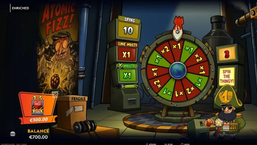 Tampilan layar mesin slot Enriched dengan tema nuklir retro