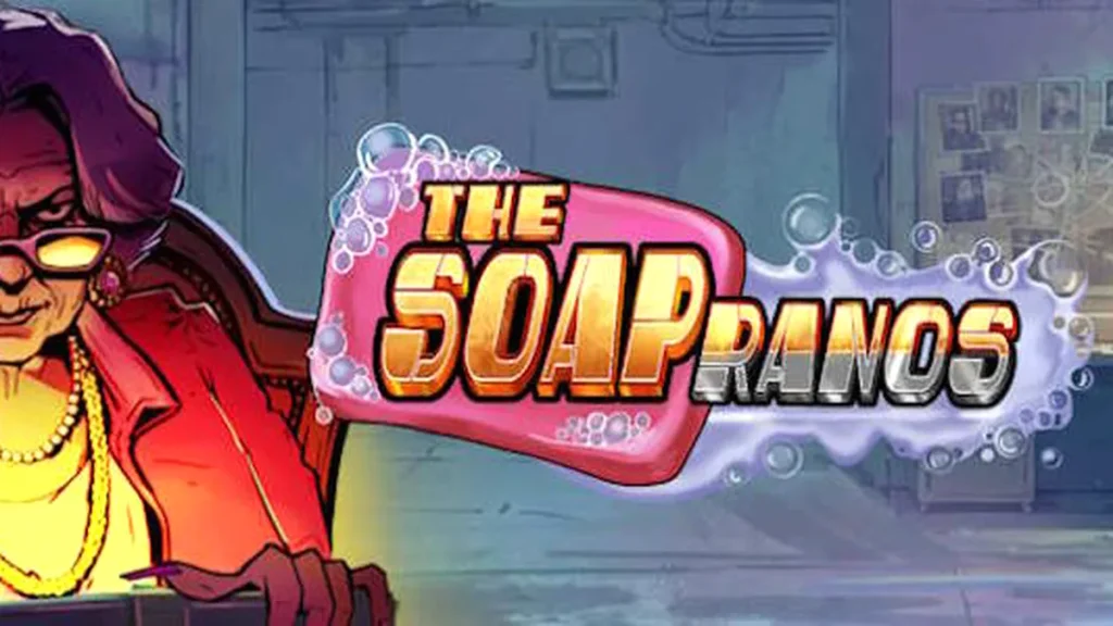 Tampilan layar permainan slot Soapranos dengan elemen neon dan simbol yang dinamis