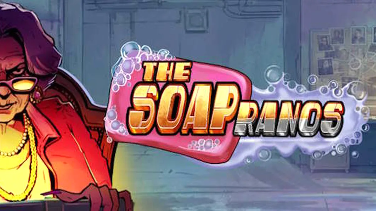 Tampilan layar permainan slot Soapranos dengan elemen neon dan simbol yang dinamis